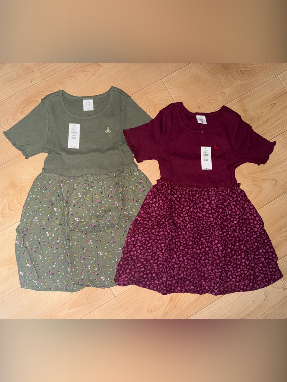 Baby Gap Girls Toddler Floral Print Dress Bundle Olive Green & Burgundy 3T NWT